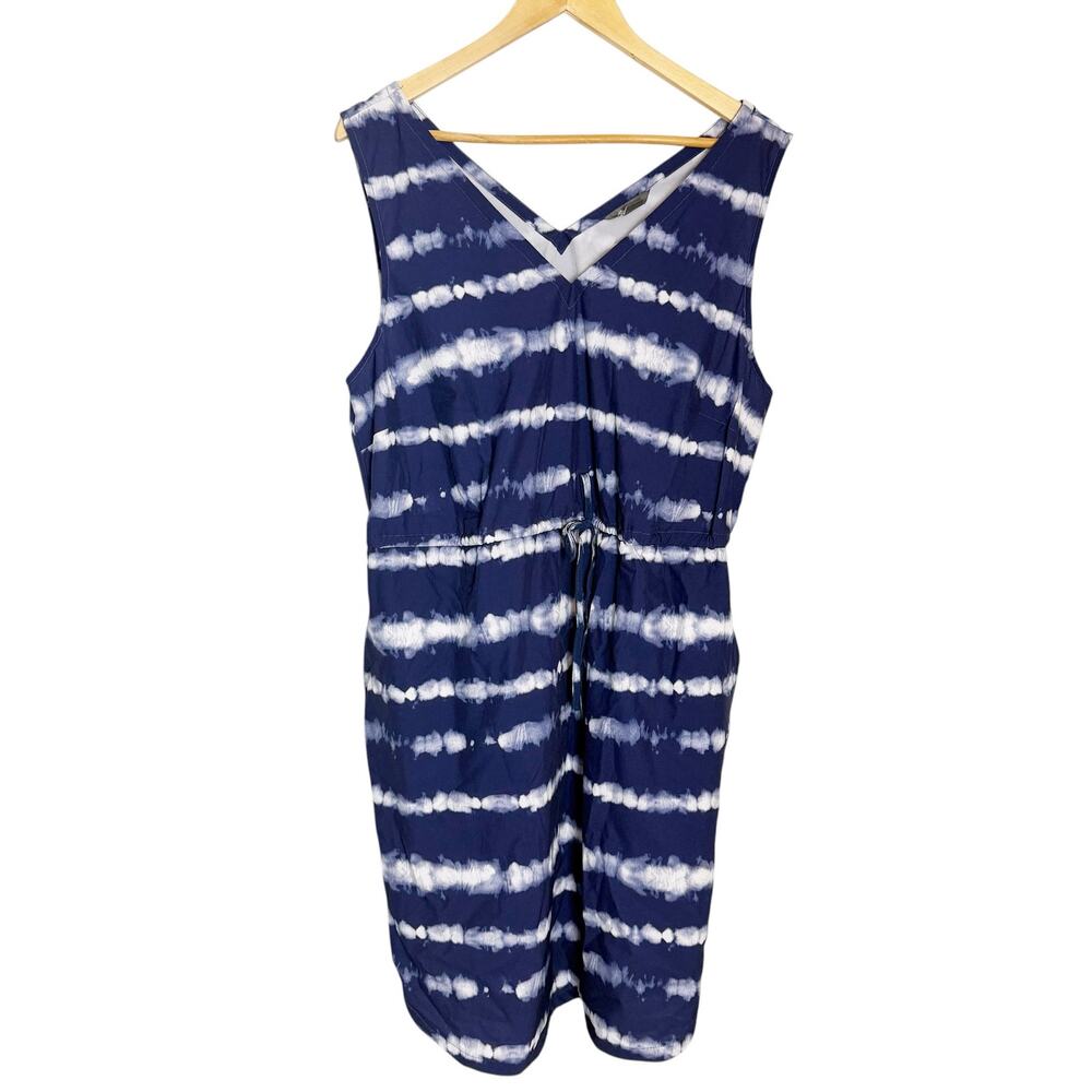 Eddie Bauer Blue Tie Dye Stripe Sleeveless V-Neck Drawstring Coastal Dress L